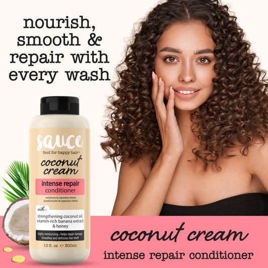 Sauce Beauty Coconut Cream Conditioner label highlights coconut oil and honey blend.