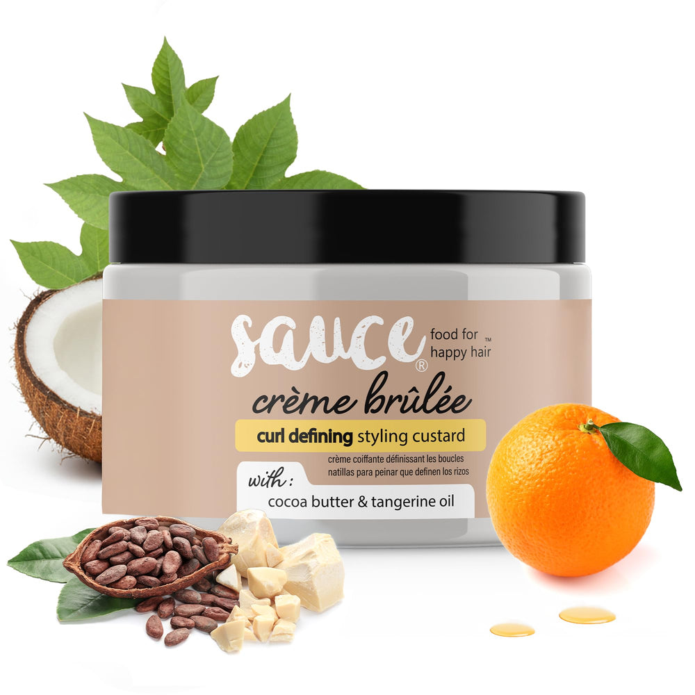 SAUCE BEAUTY Creme Brulee Curl Custard bottle showing frizz control in action
