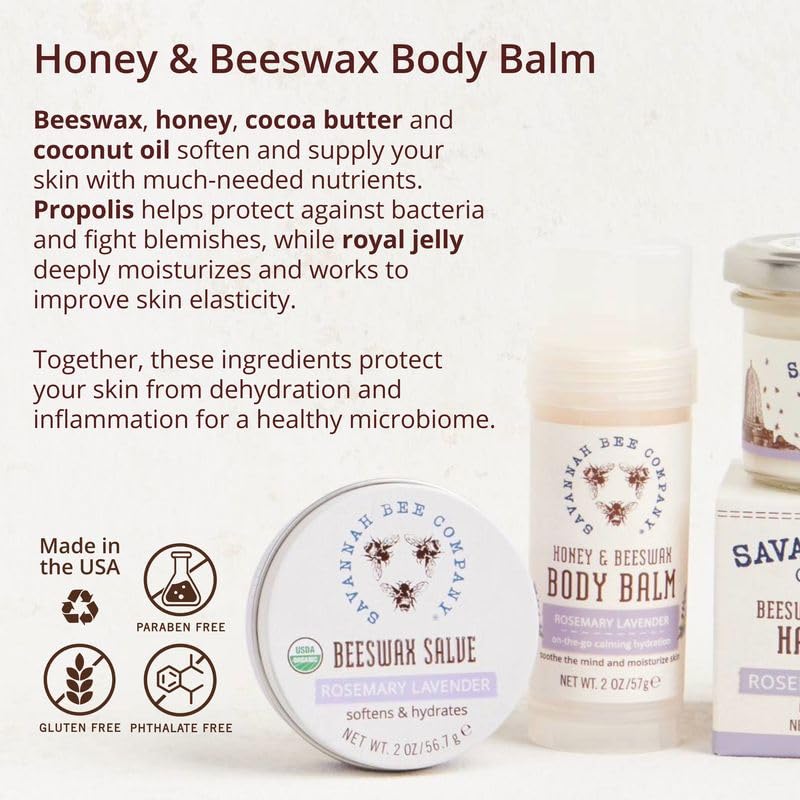 Savannah Bee Company Rosemary Lavender Body Balm mess-free applicator for targeted hydration.