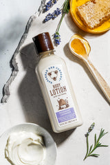 Label-front of Savannah Bee Honey Body Lotion highlighting natural ingredients for soft skin