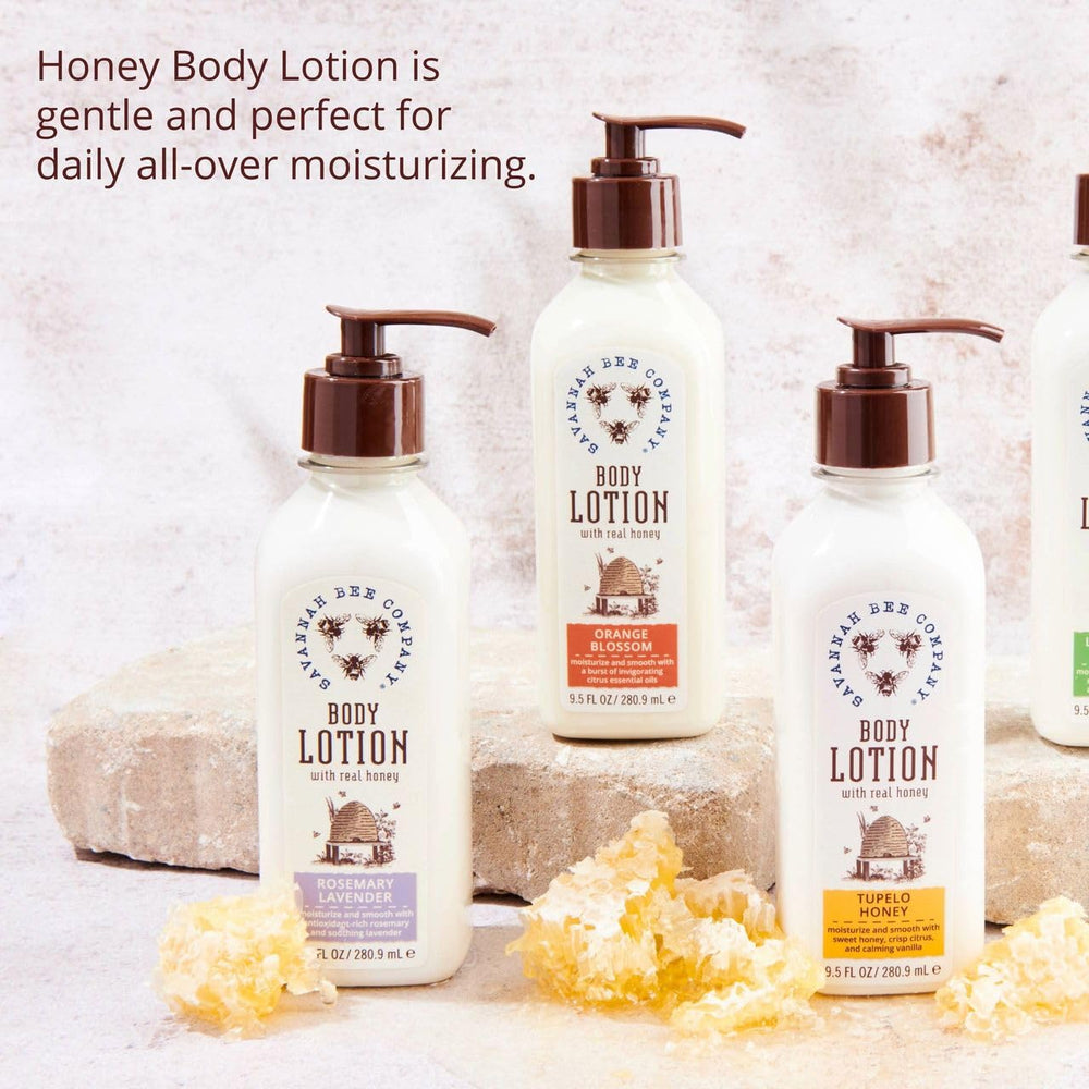 Savannah Bee Company Honey Body Lotion lemongrass spearmint bottle refreshes with bright, uplifting aroma