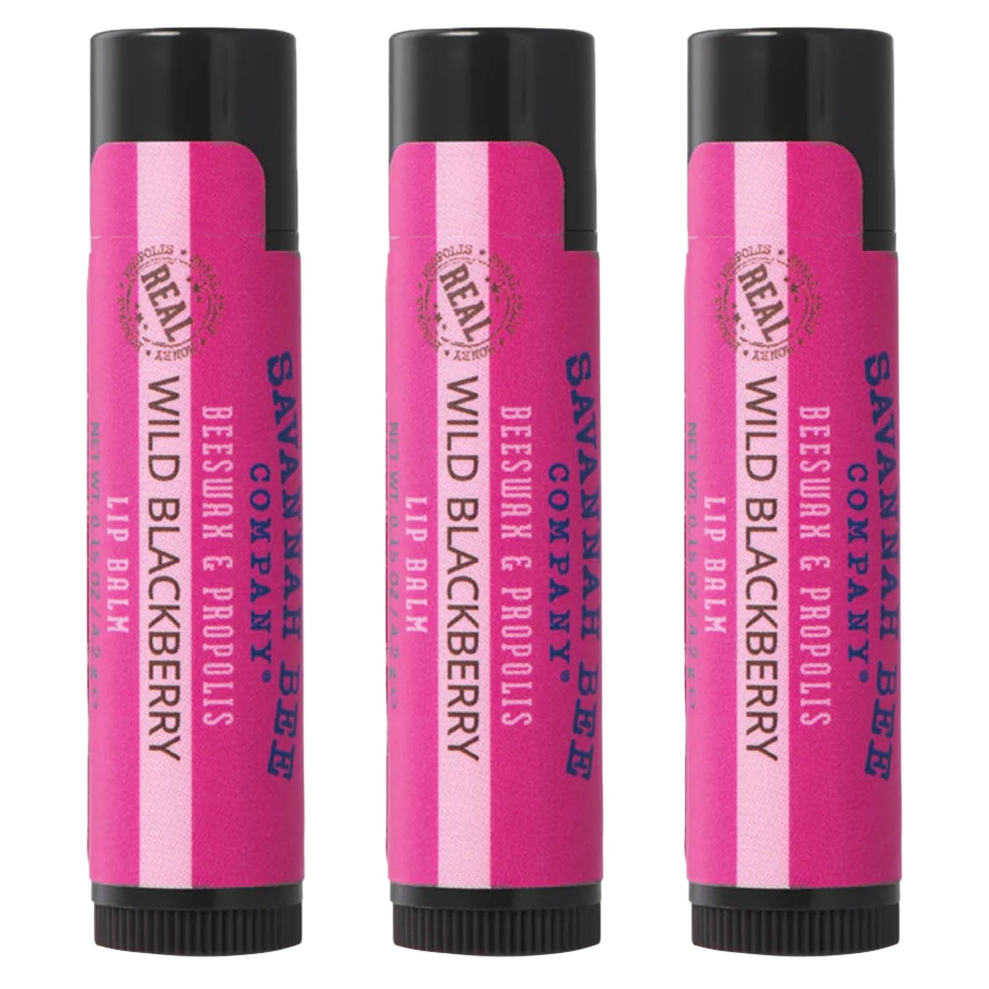 Savannah Bee lip balm wild blackberry 3-pack packaging for on-the-go hydration.