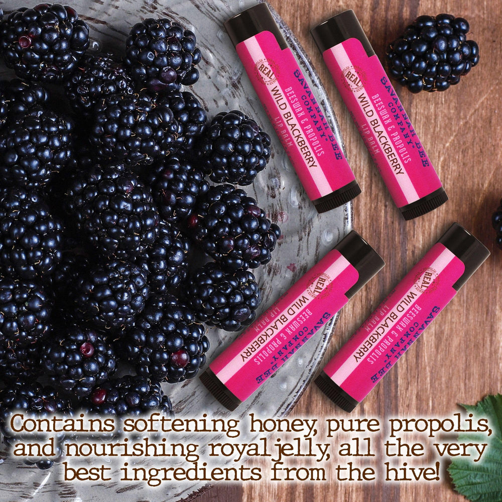 Savannah Bee lip balm wild blackberry ingredients natural oils nourish lips.