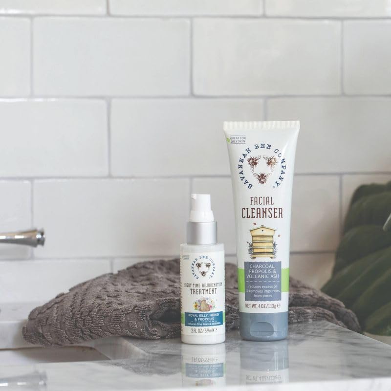 Natural ingredients visual of Savannah Bee Propolis Extract cleanser with honey and charcoal.