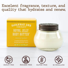 Royal jelly highlighted as a key ingredient in Savannah Bee Royal Jelly Body Butter.