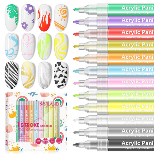 Saviland 12 colors nail art pens set in action for vivid, precise nail designs