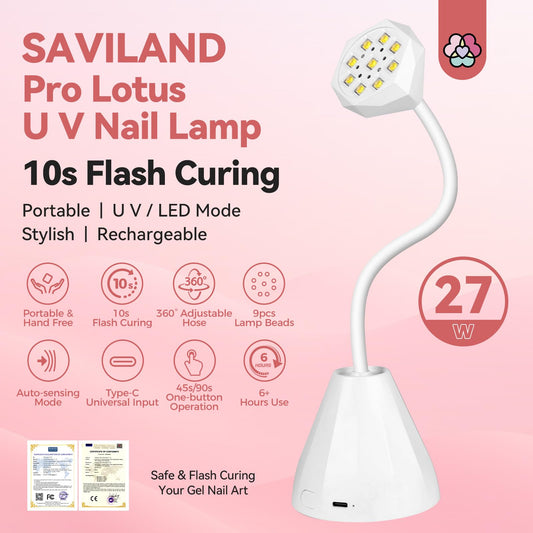 SAVILAND 27W UV lamp side view shows compact, travel-friendly design for on-the-go