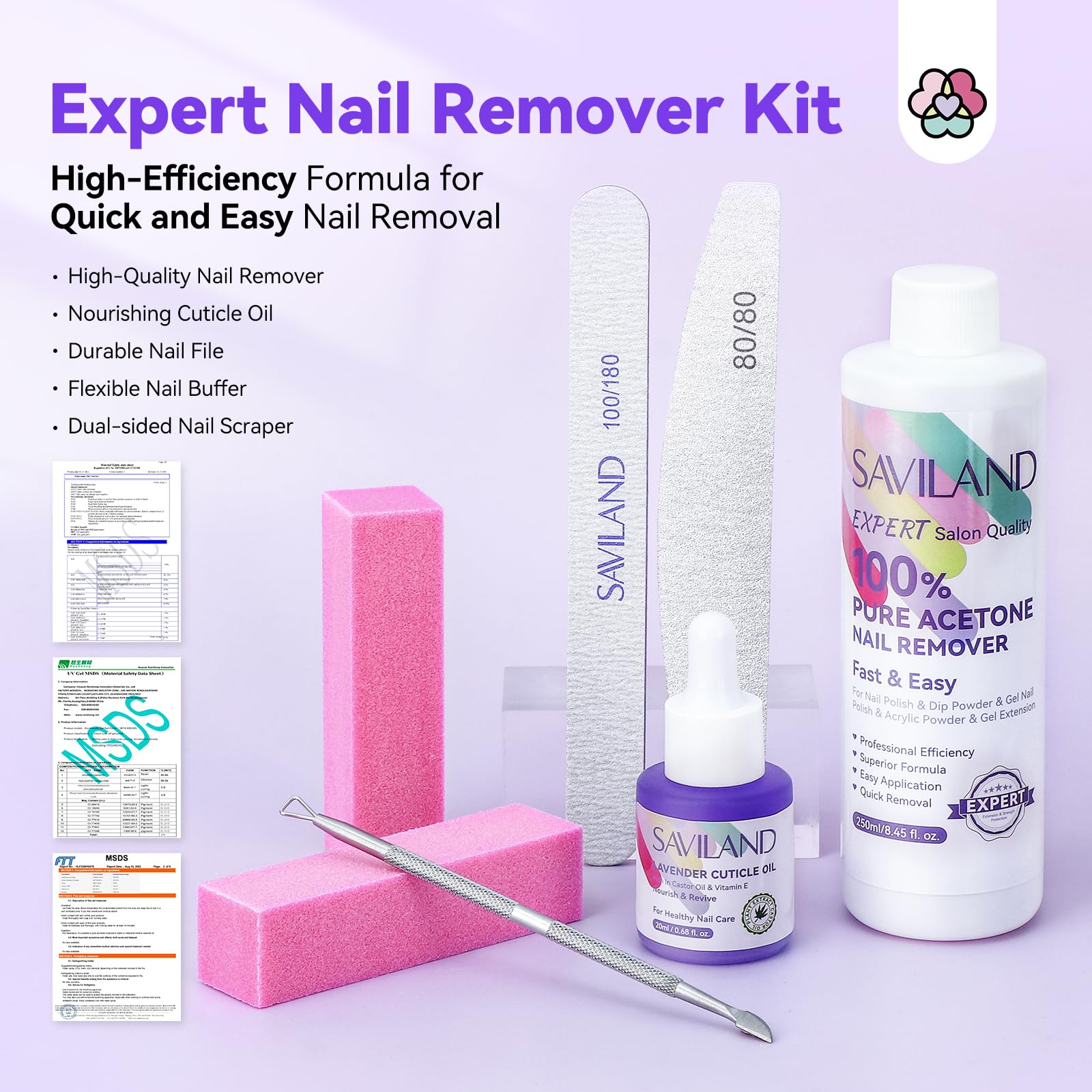 SAVILAND acetone remover kit with cuticle oil shows comprehensive nail care at home.