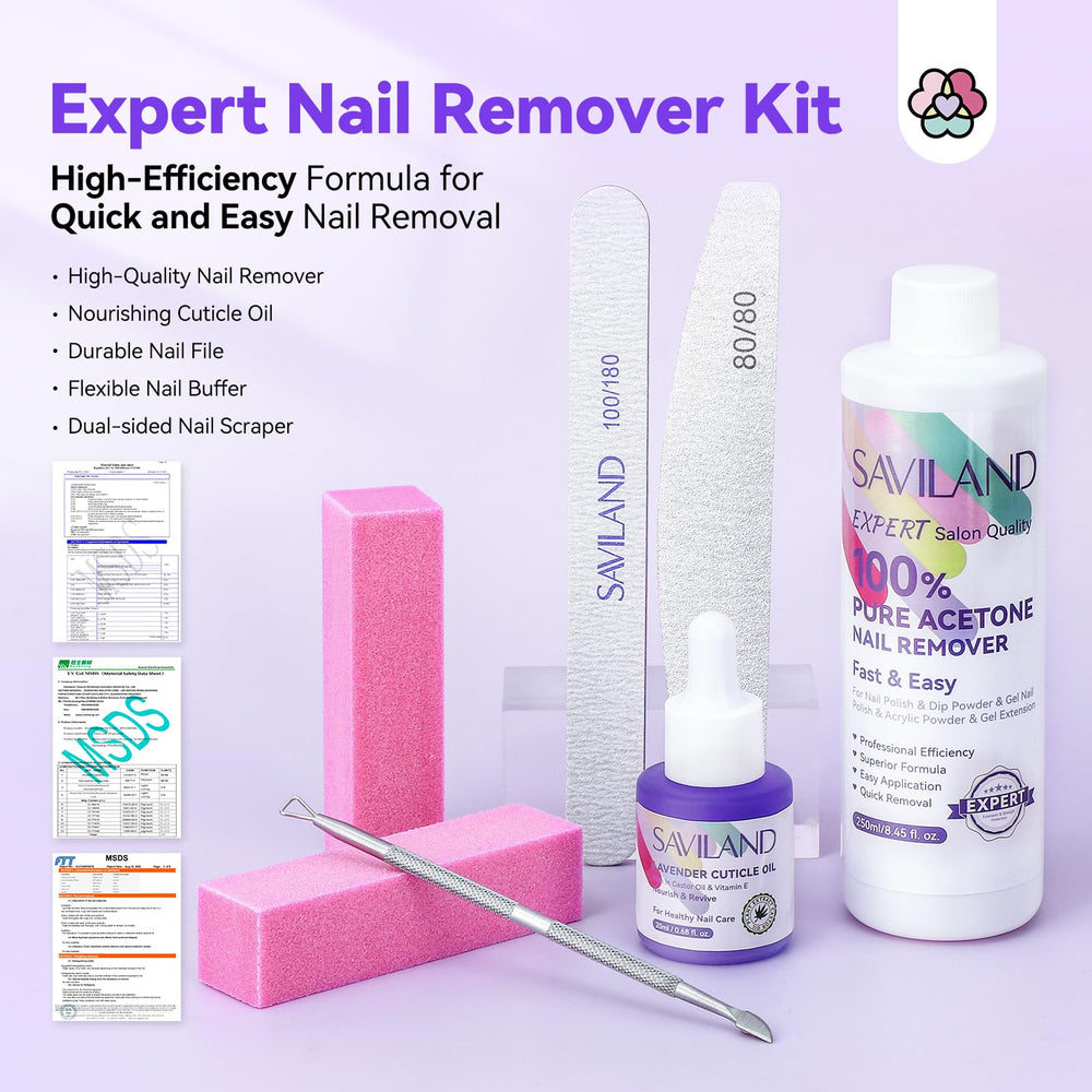 SAVILAND acetone remover kit with cuticle oil shows comprehensive nail care at home.