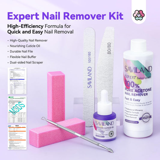 SAVILAND acetone remover kit with cuticle oil shows comprehensive nail care at home.