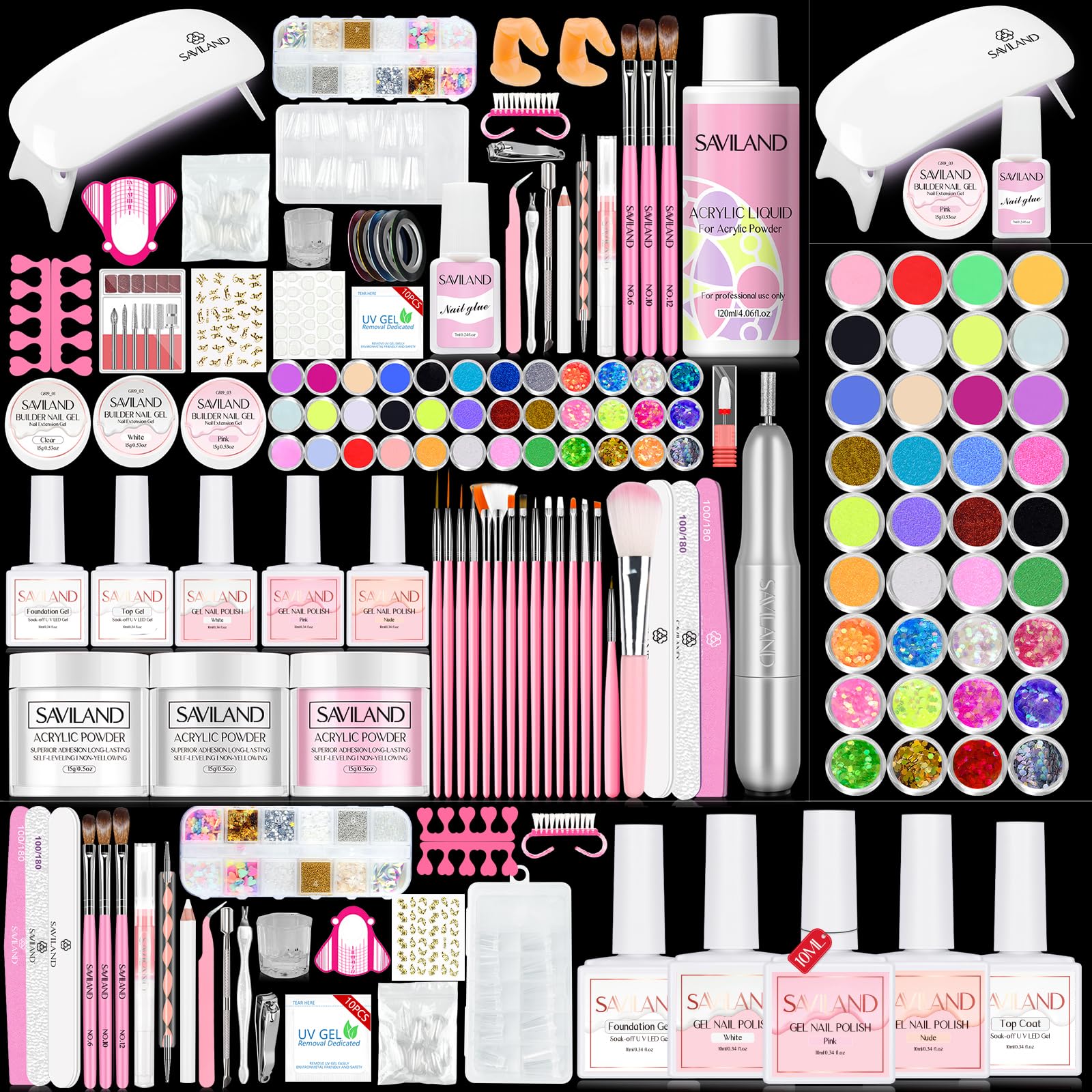 SAVILAND acrylic nail kit contents for at-home nail art and practice