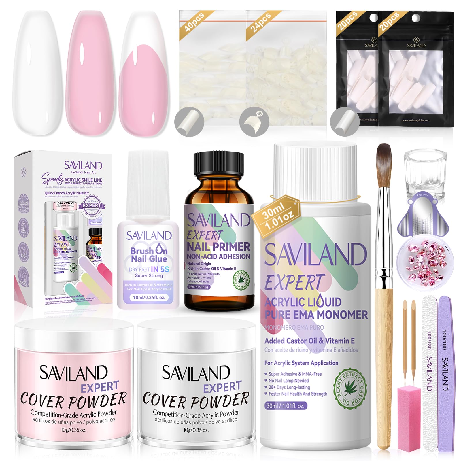 SAVILAND Acrylic Nail Kit contents for at-home salon manicure.