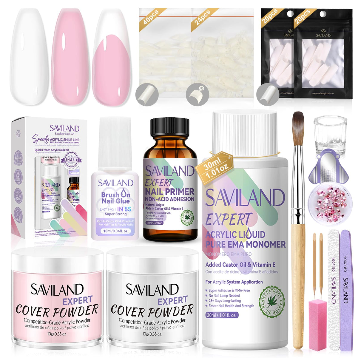 SAVILAND Acrylic Nail Kit contents for at-home salon manicure.