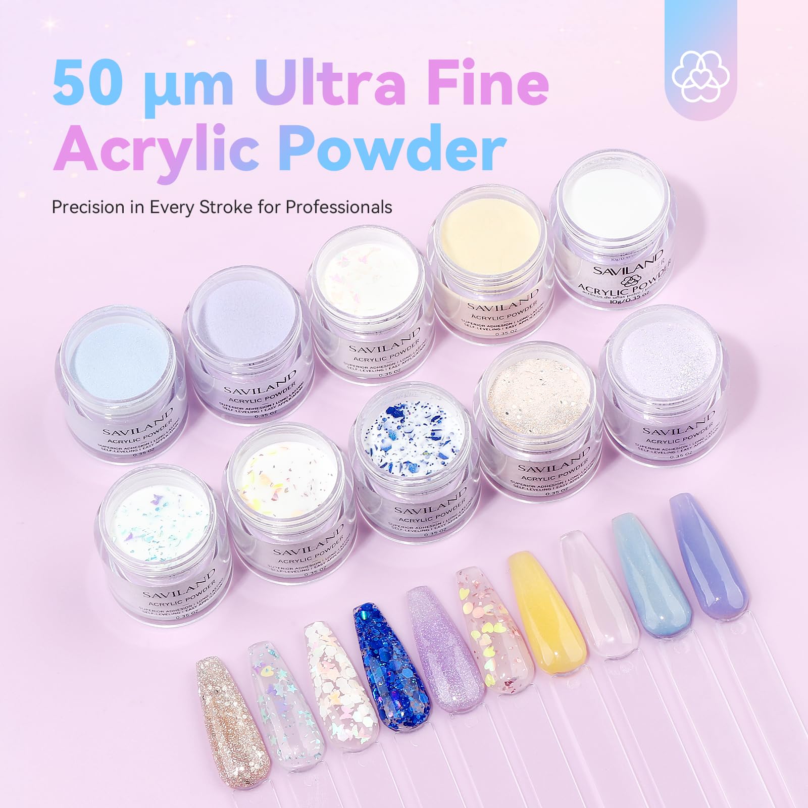 Saviland 10-color acrylic powder collection shown in close-up for shade options.