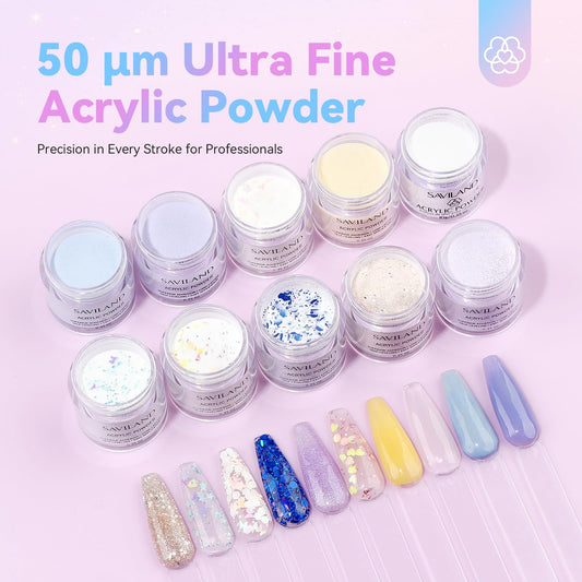Saviland 10-color acrylic powder collection shown in close-up for shade options.