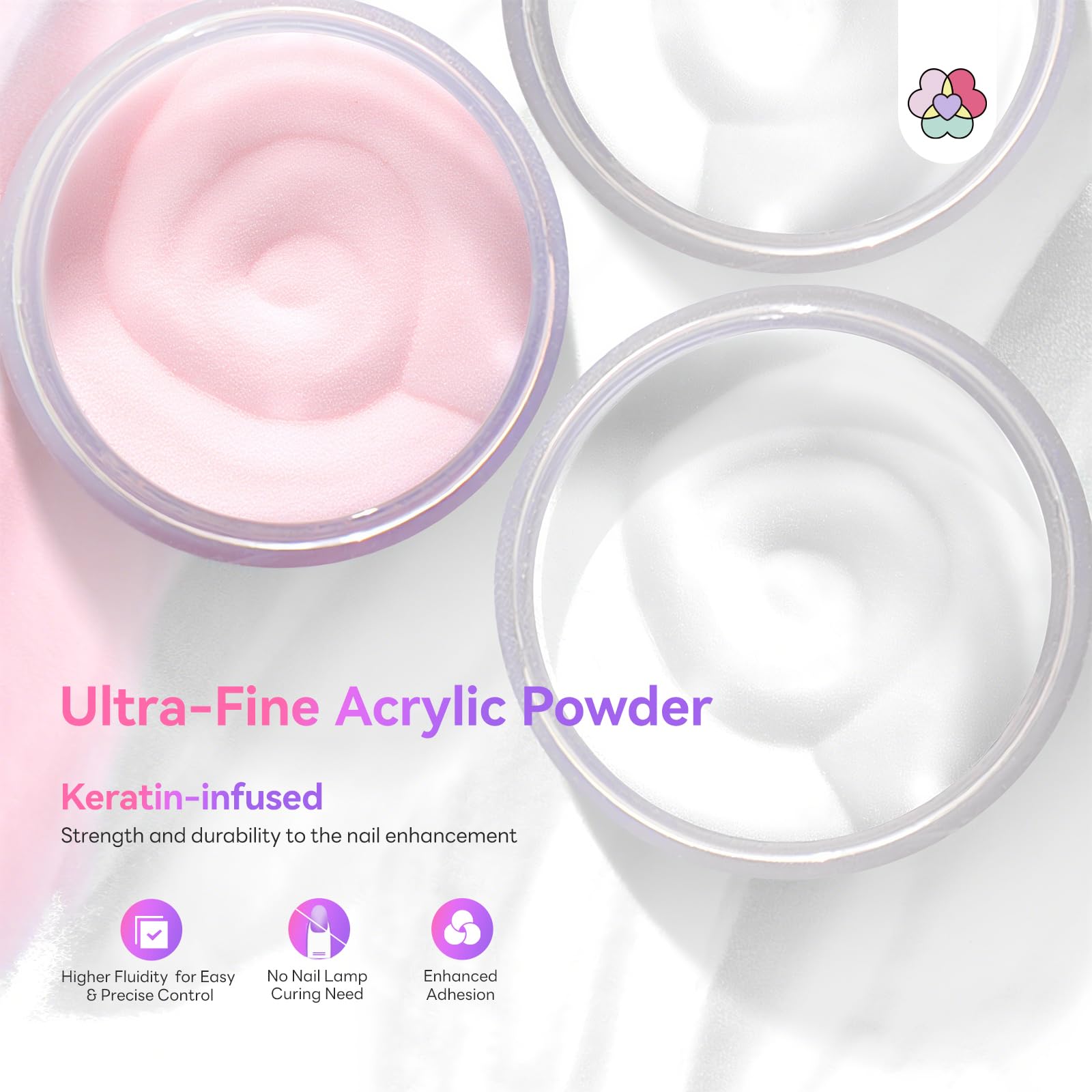 SAVILAND acrylic powder colors in clear, white, and pink for vibrant designs