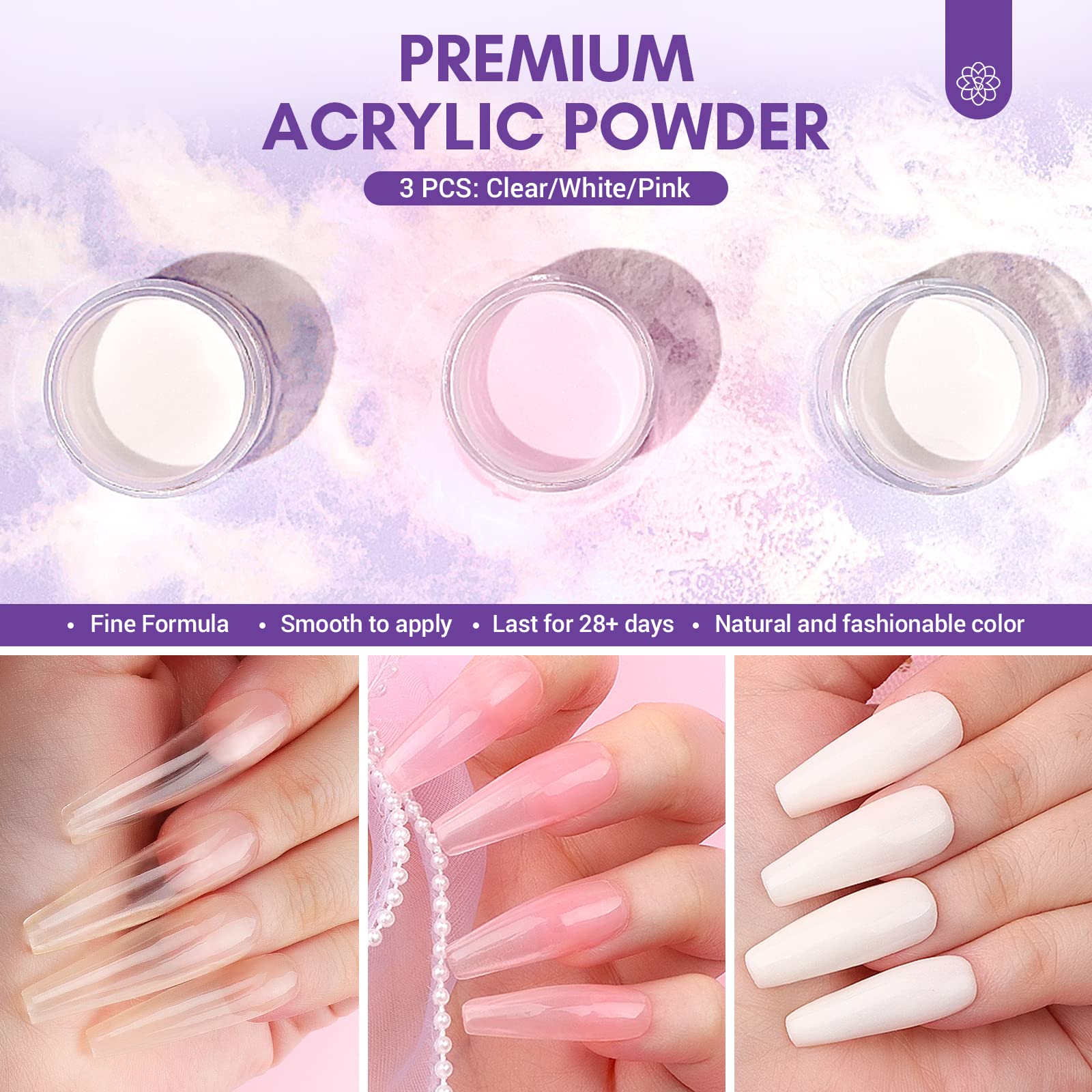 SAVILAND acrylic powders image shows clear white and pink shades for versatile art