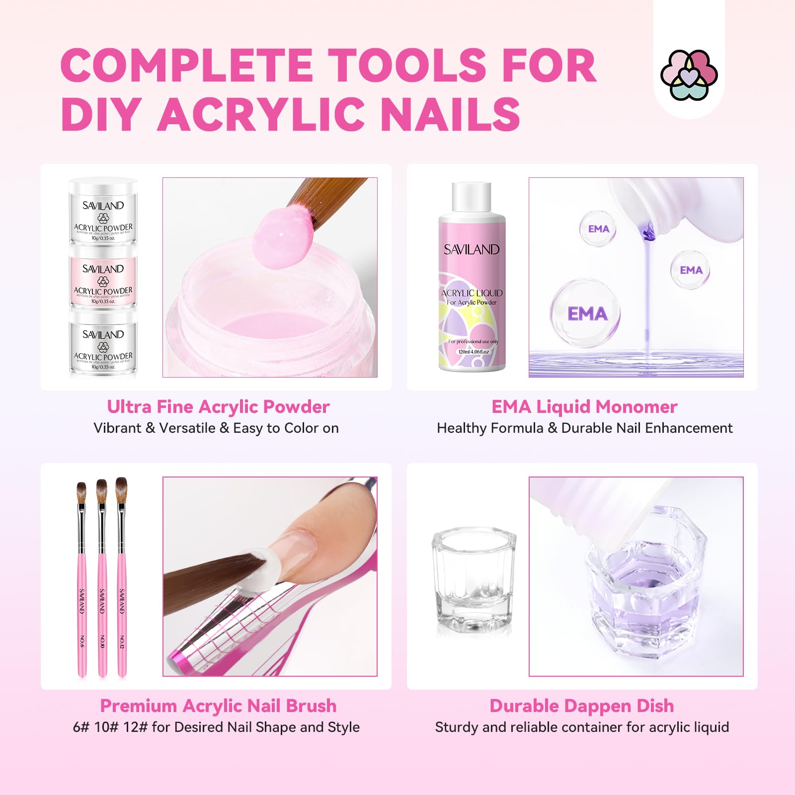 SAVILAND acrylic powders in pink, white, and clear for versatile looks