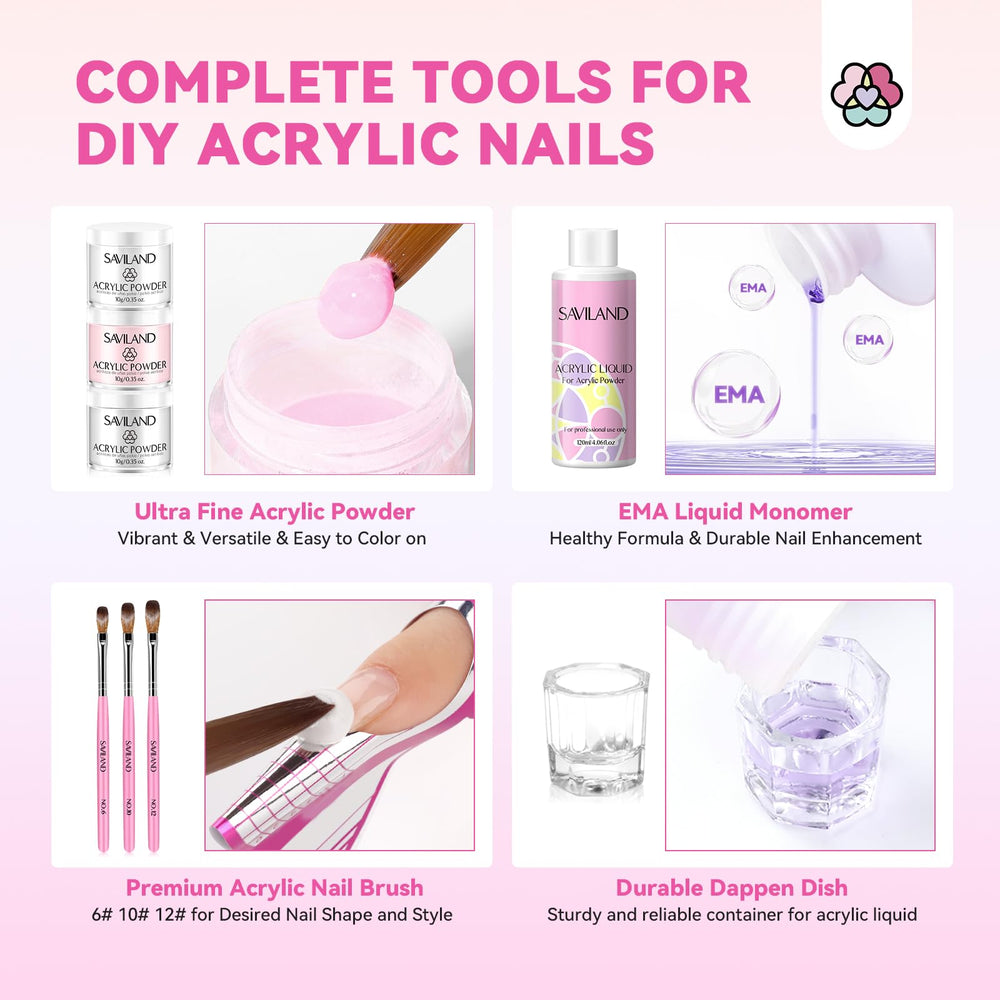 SAVILAND acrylic powders in pink, white, and clear for versatile looks