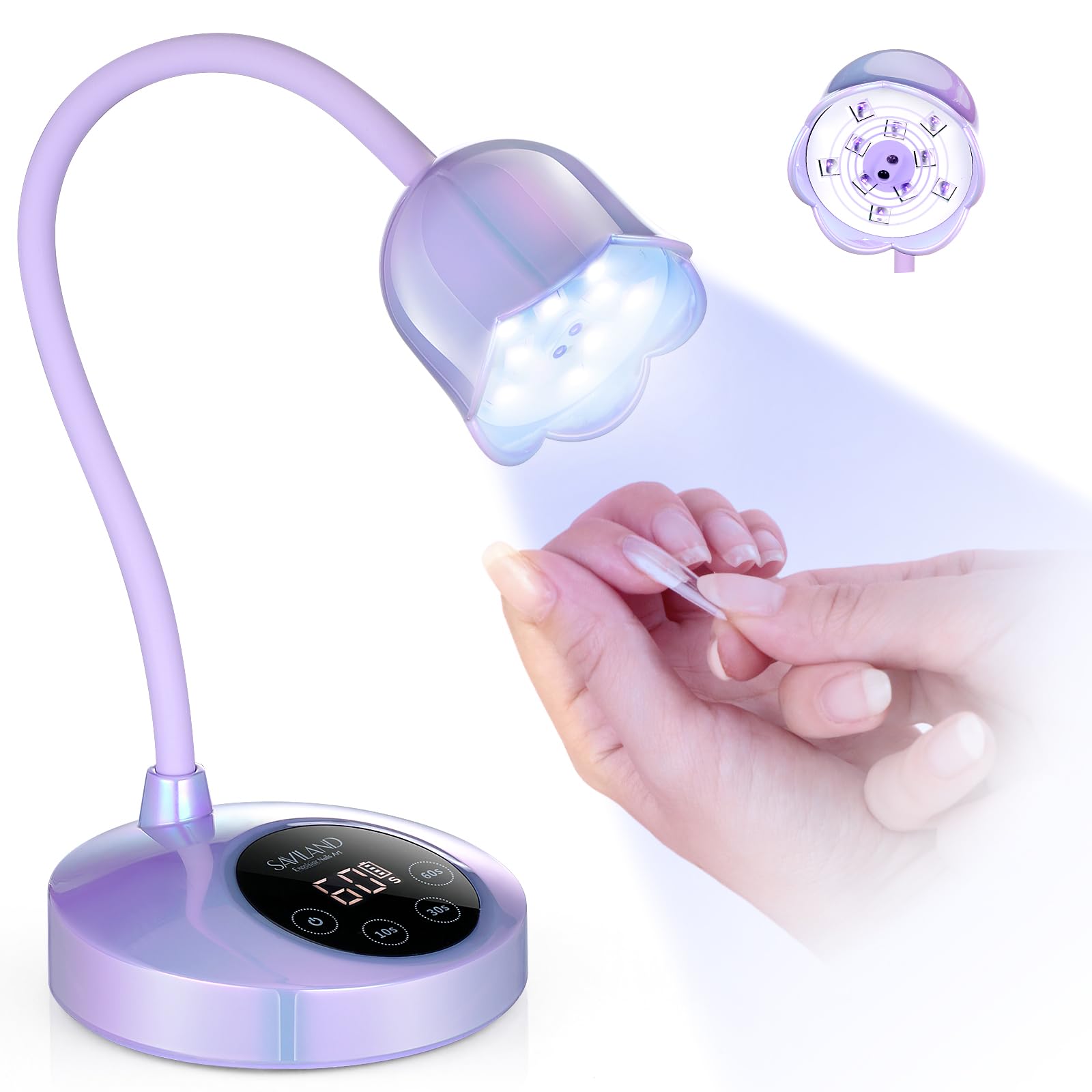 SAVILAND Advanced 30W UV Nail Lamp front view with purple glow for quick gel polish curing
