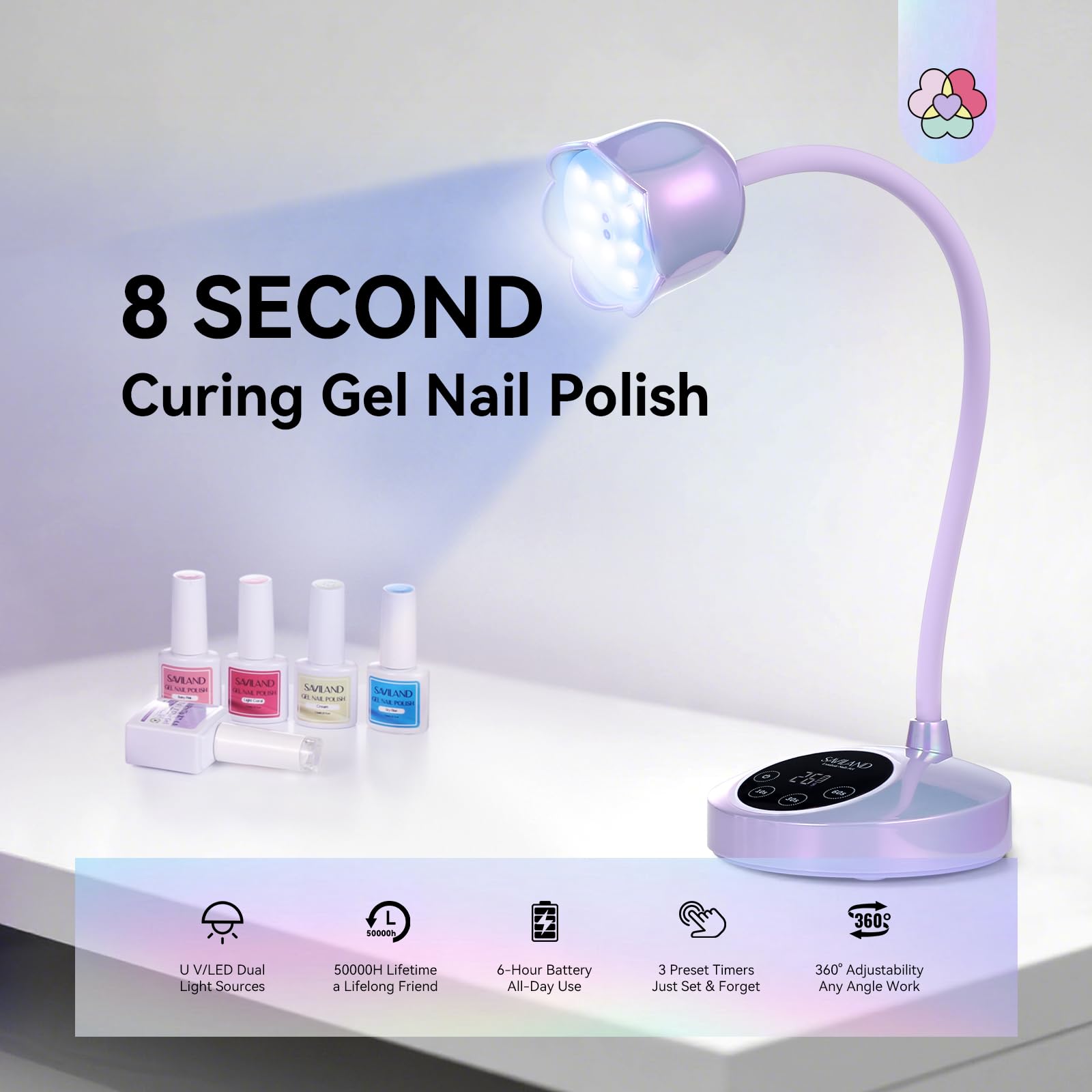 SAVILAND lamp with gooseneck rotation highlights 360° positioning for precise nail art sessions