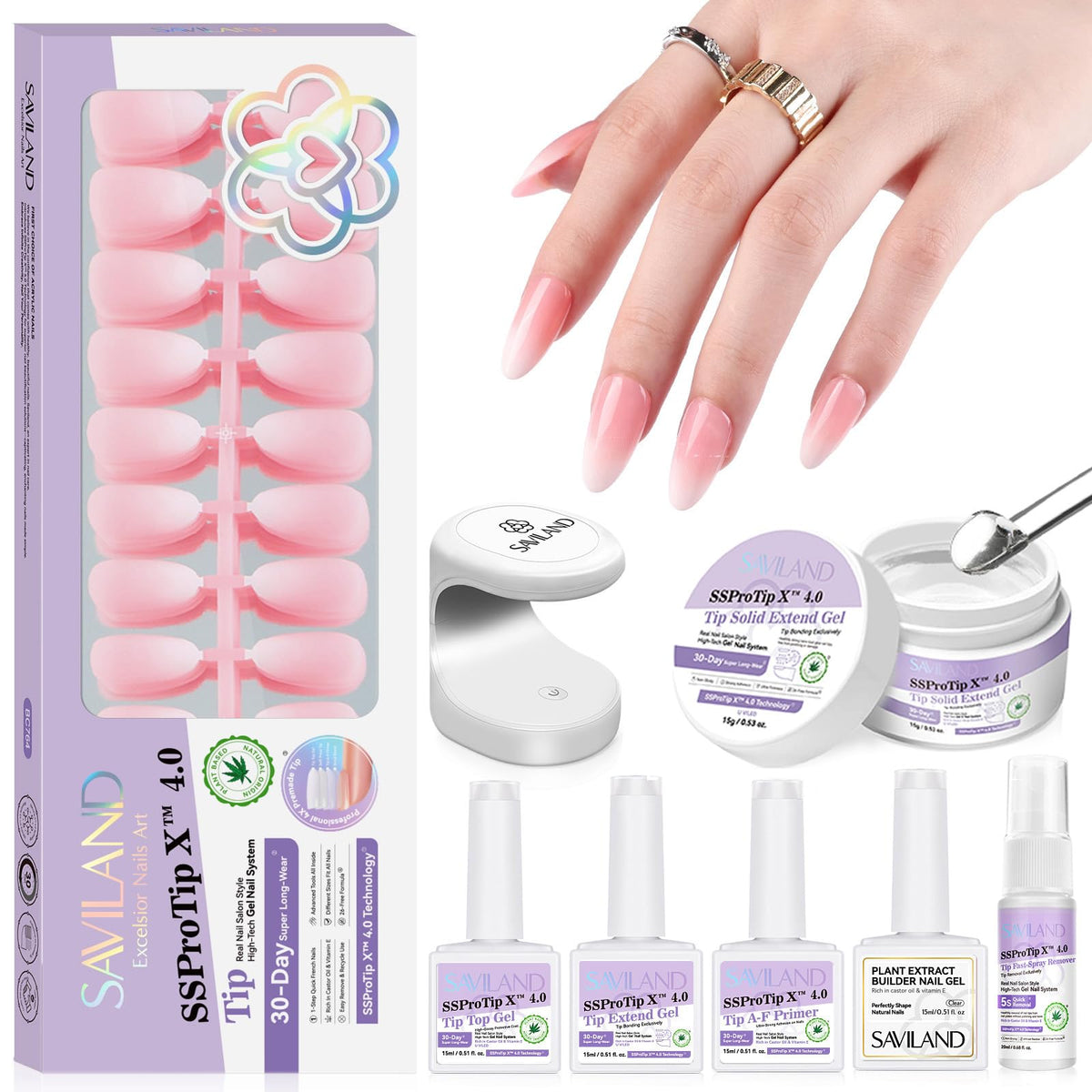 SAVILAND Almond Nail Tips in rose pink ombre for natural-looking extensions.