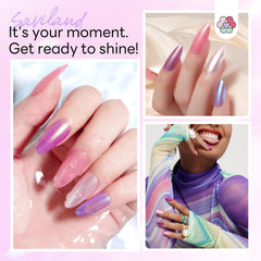 SAVILAND Aurora nail polish on nails displaying luminous shimmer across shades