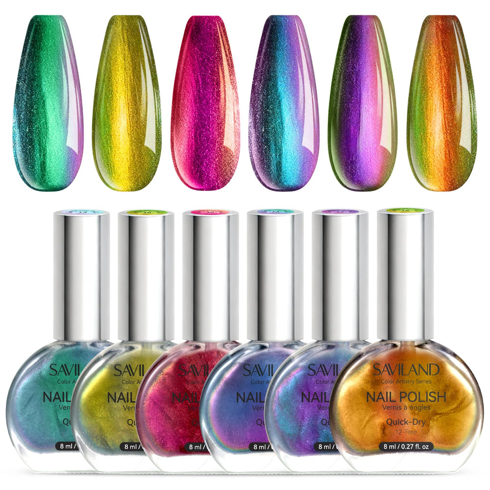 SAVILAND Chameleon packaging displaying the six-color holographic nail polish set, ready for gifting.