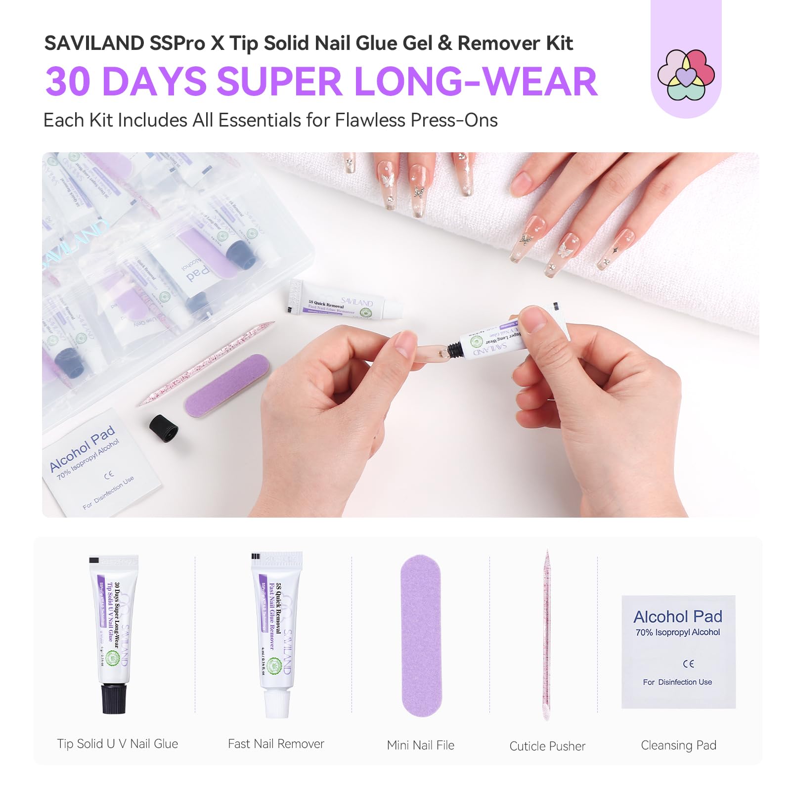 SAVILAND Cleansing Pads prep nails for optimal adhesion.