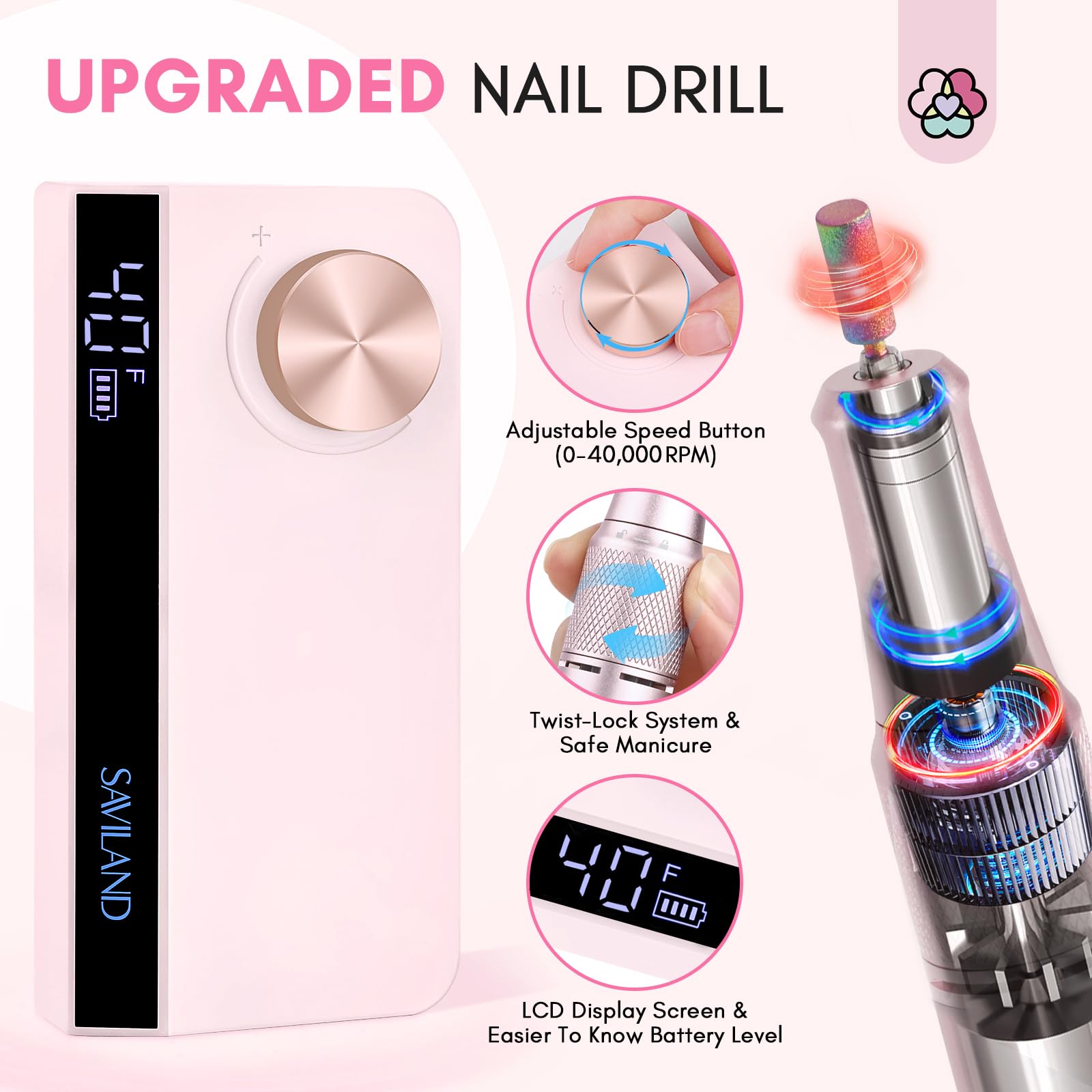 SAVILAND colorful nail bits kit offers versatile manicure, pedicure, and acrylic removal.