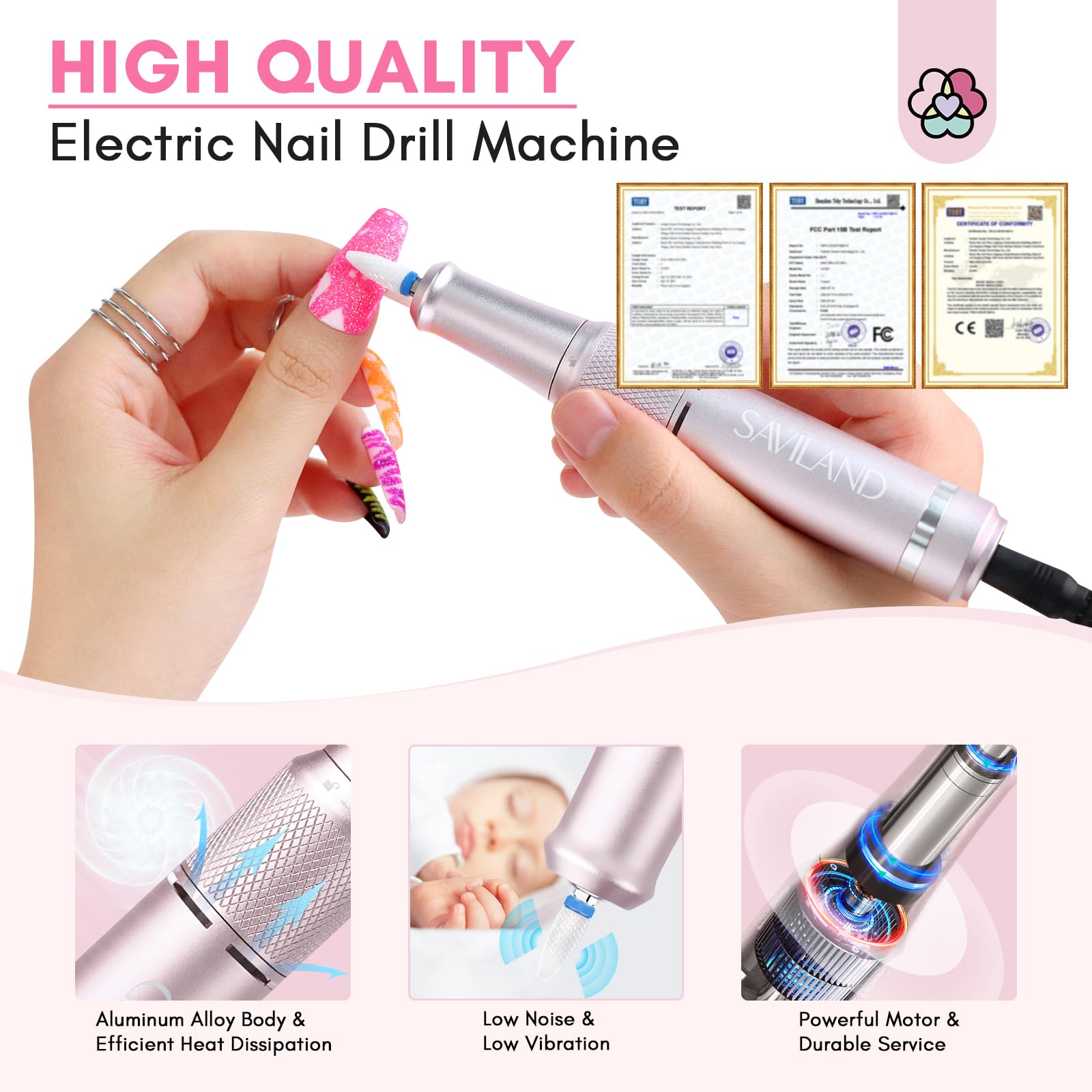 SAVILAND cordless nail drill operates quietly for calm salon sessions.