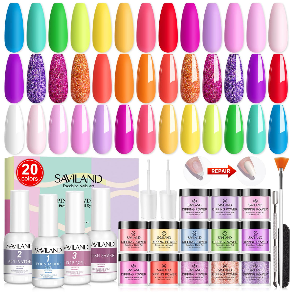 SAVILAND Dip Powder Kit contents laid out for a DIY salon manicure.