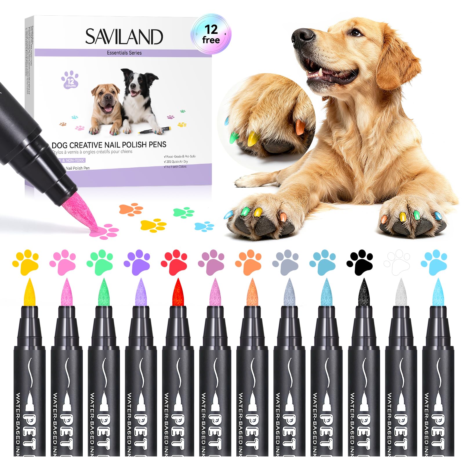 SAVILAND dog nail polish pens in 12 colors for creative pet nail designs.