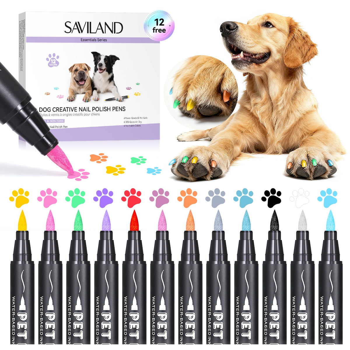 SAVILAND dog nail polish pens in 12 colors for creative pet nail designs.