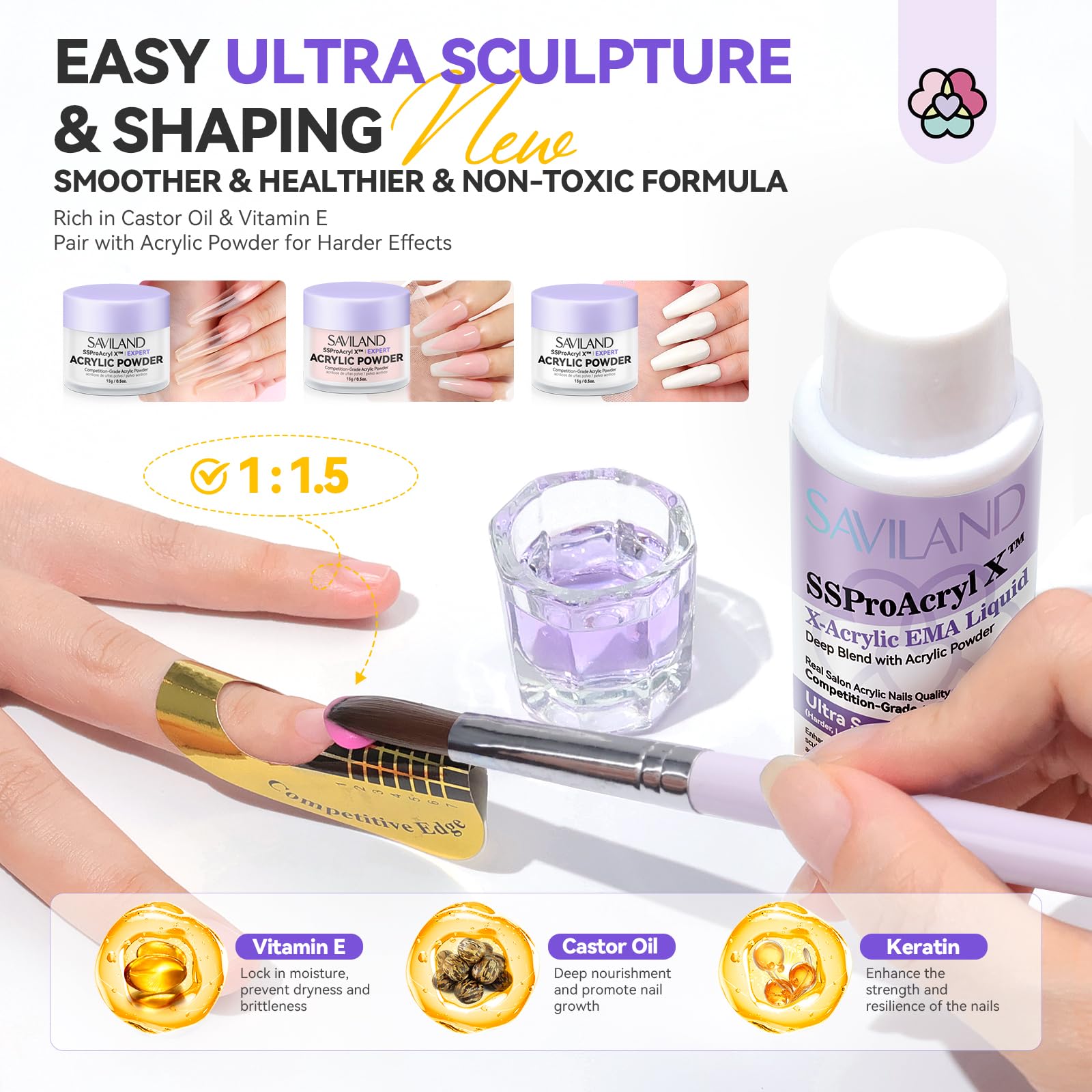SAVILAND EMA liquid monomer bottle for consistent bead sizes.