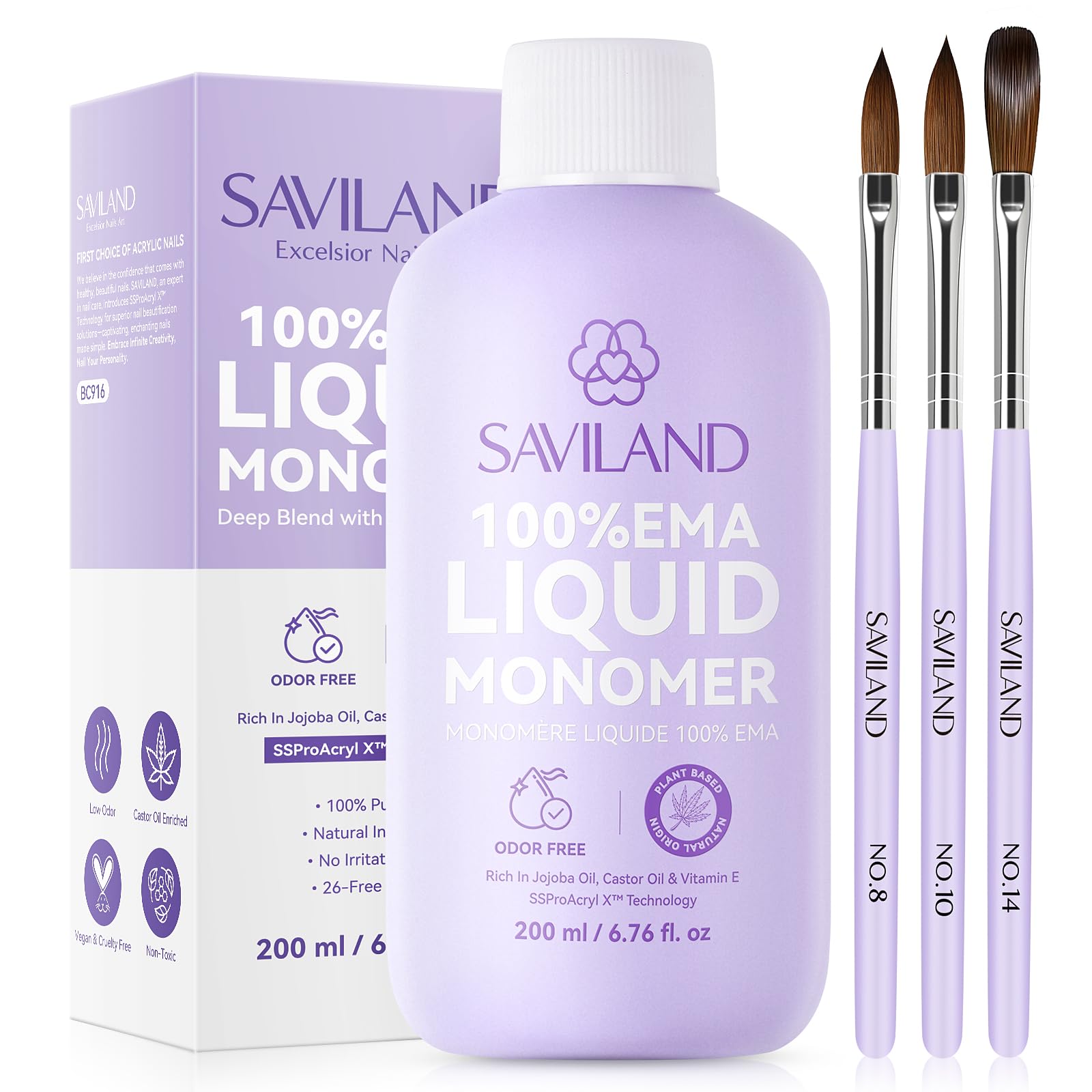 SAVILAND EMA monomer bottle 200ml close-up showing sturdy packaging and clear liquid