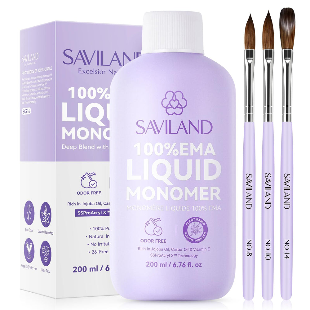 SAVILAND EMA monomer bottle 200ml close-up showing sturdy packaging and clear liquid