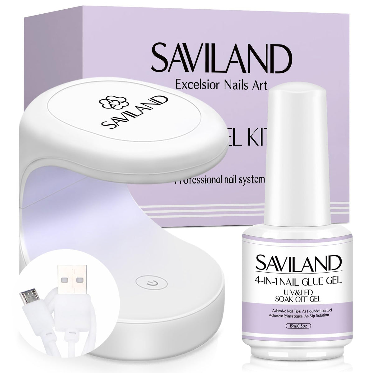 SAVILAND gel nail glue bottle close-up for strong adhesion and smooth application.