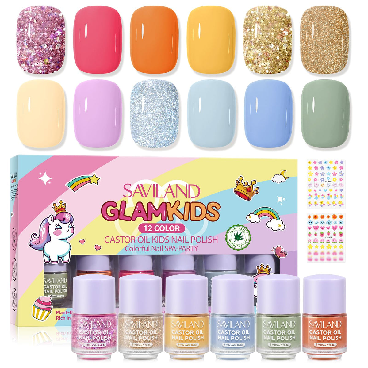 SAVILAND Glamkids 12-color bottle set for kids, vibrant nails for creative play.