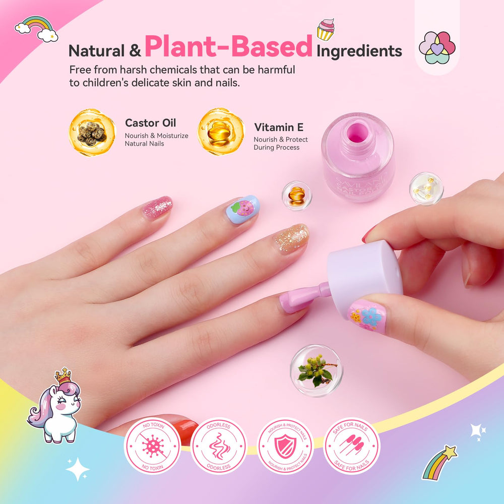 SAVILAND Glamkids water-based formula highlighted for gentle kids' nails.