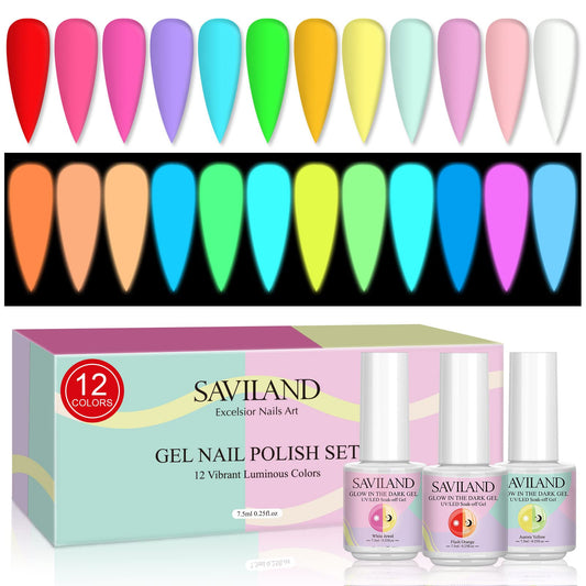 SAVILAND glow-in-the-dark gel nail polish set with 12 colors for day and night.