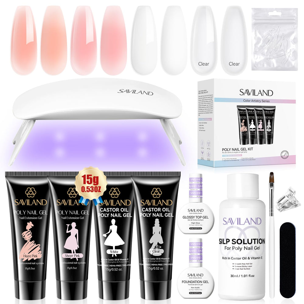 SAVILAND Hema-Free poly gel kit with four colors for durable nail extensions.