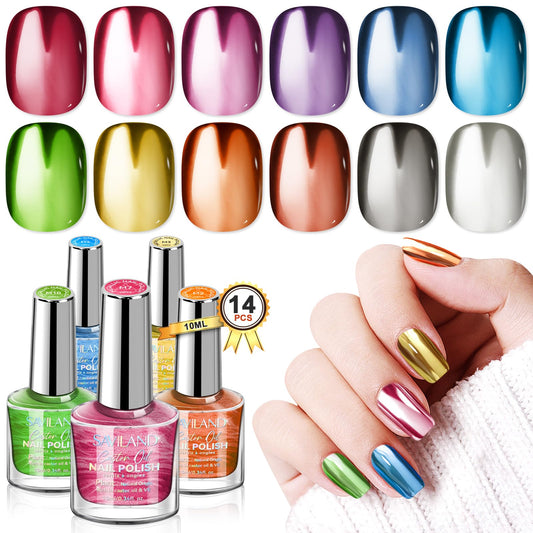 SAVILAND metallic nail polish quick dry bottle close-up with vivid chrome sheen