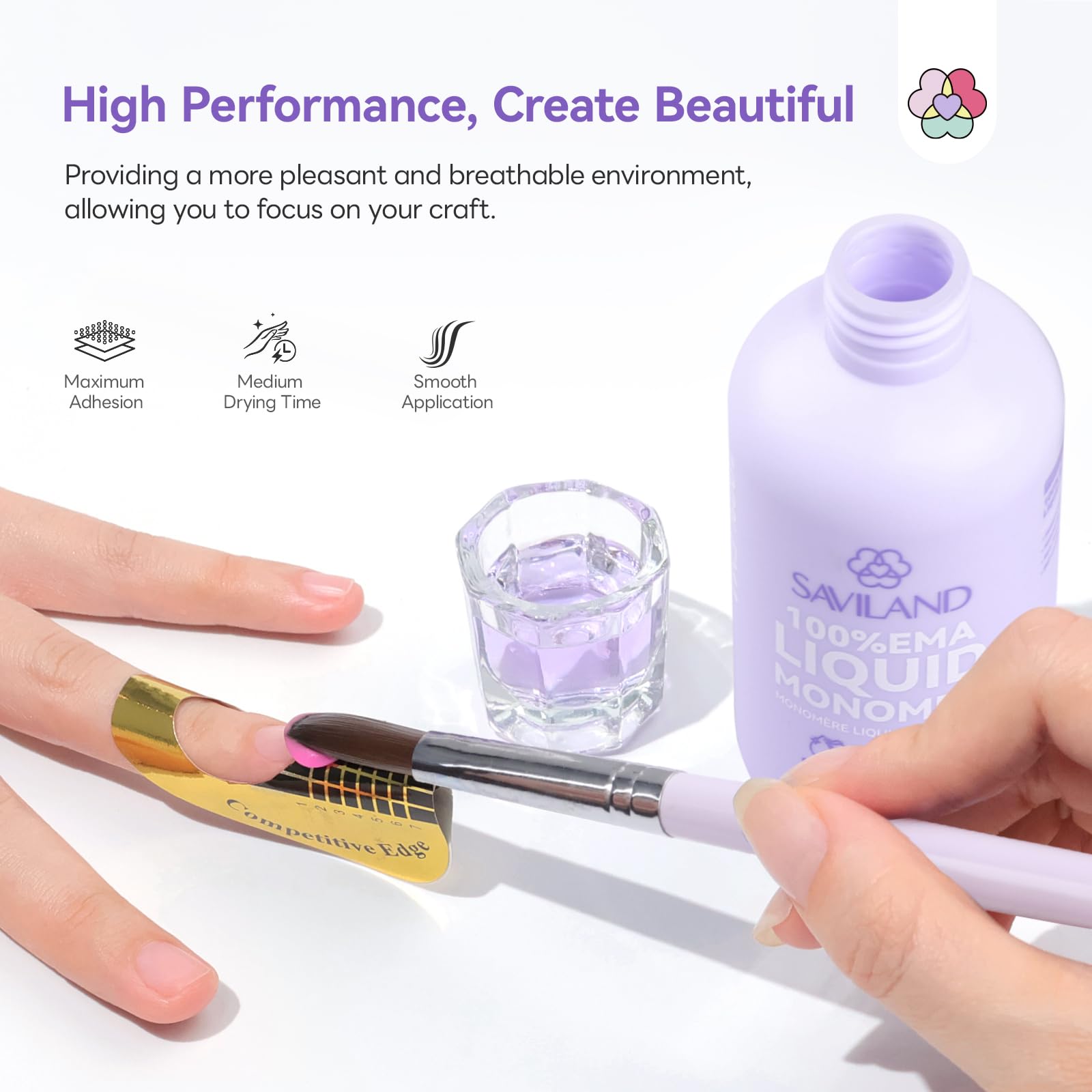 SAVILAND MMA-free EMA monomer provides smooth, non-yellowing results for natural-looking nails.