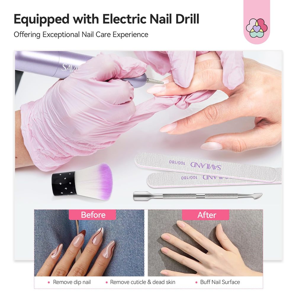 SAVILAND nail drill kit close-up with bits for prep and removal.