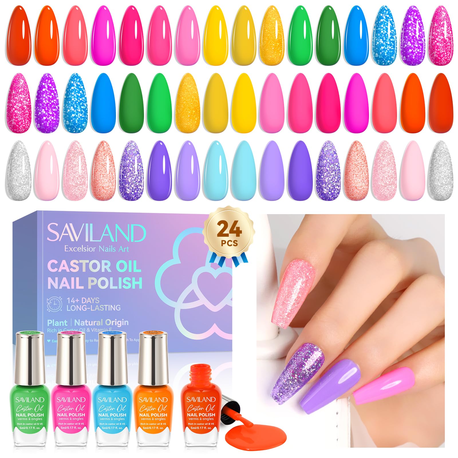 SAVILAND neon nail polish set swatches with 24 vibrant colors for bold nails