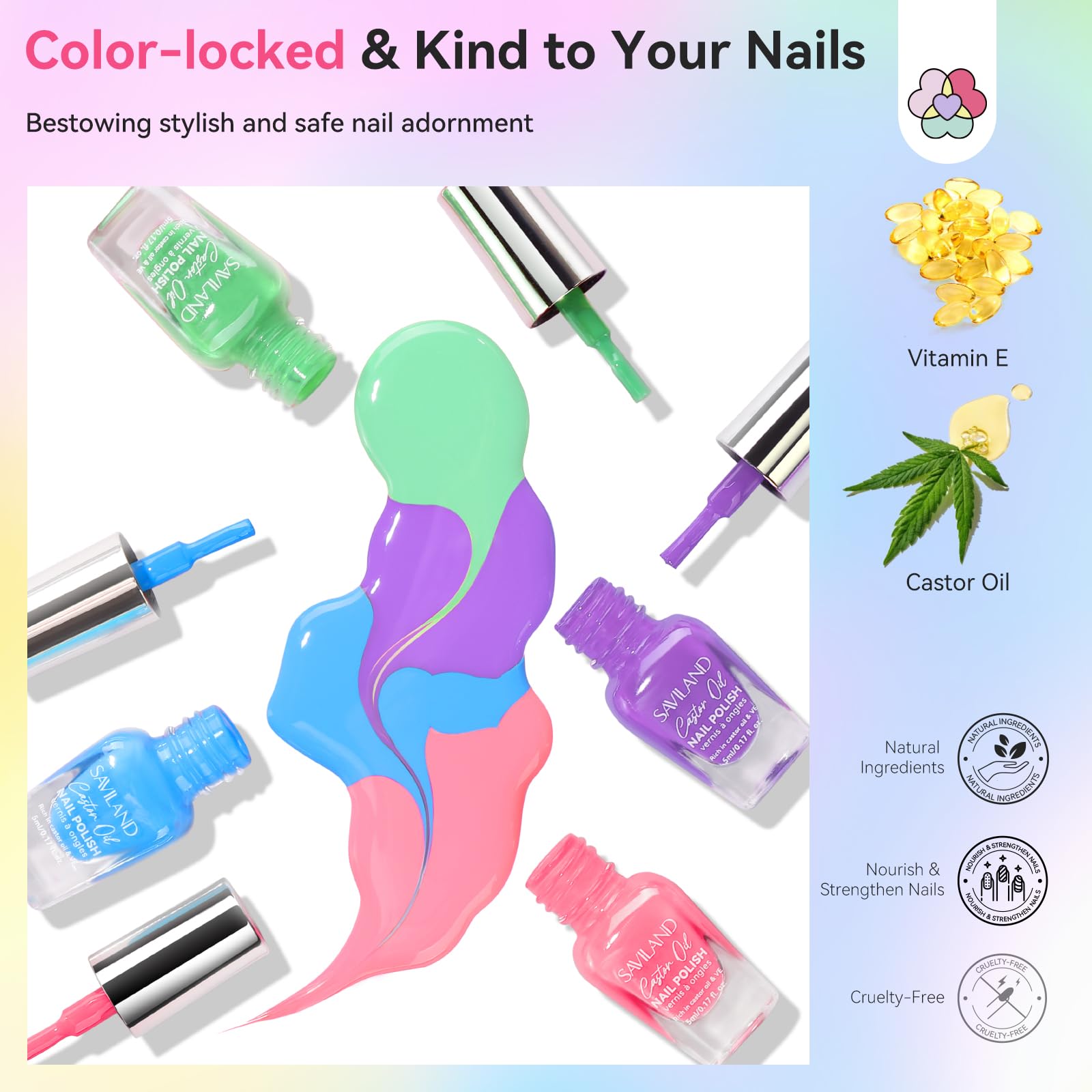SAVILAND formula with castor oil and vitamin E nourishes nails.