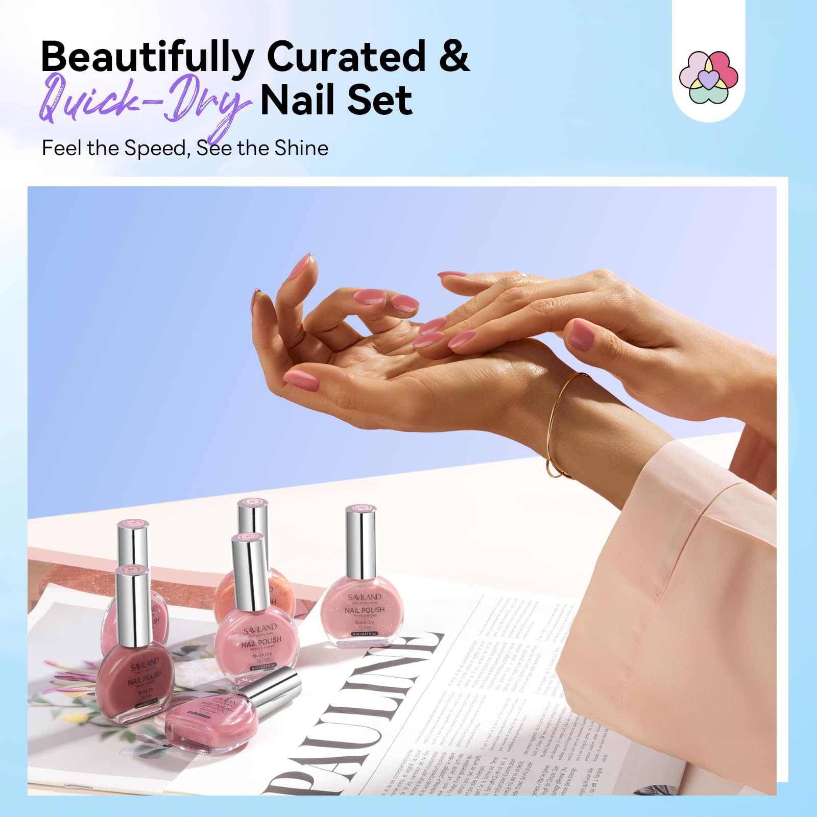 SAVILAND Pink Nude glossy finish bottle close-up for sleek nails.