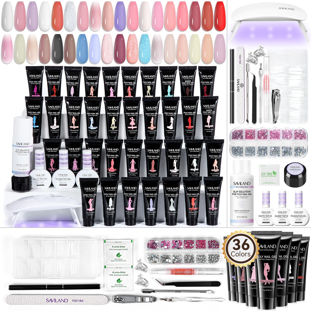 Saviland poly gel kit 36 colors offers bold shades for nail art.