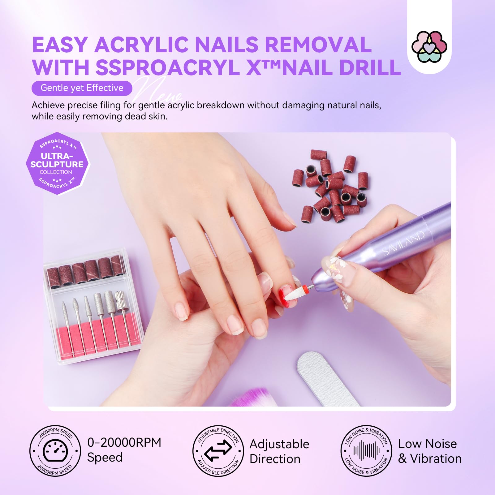 SAVILAND acrylic powder container showcases keratin-enriched formula.